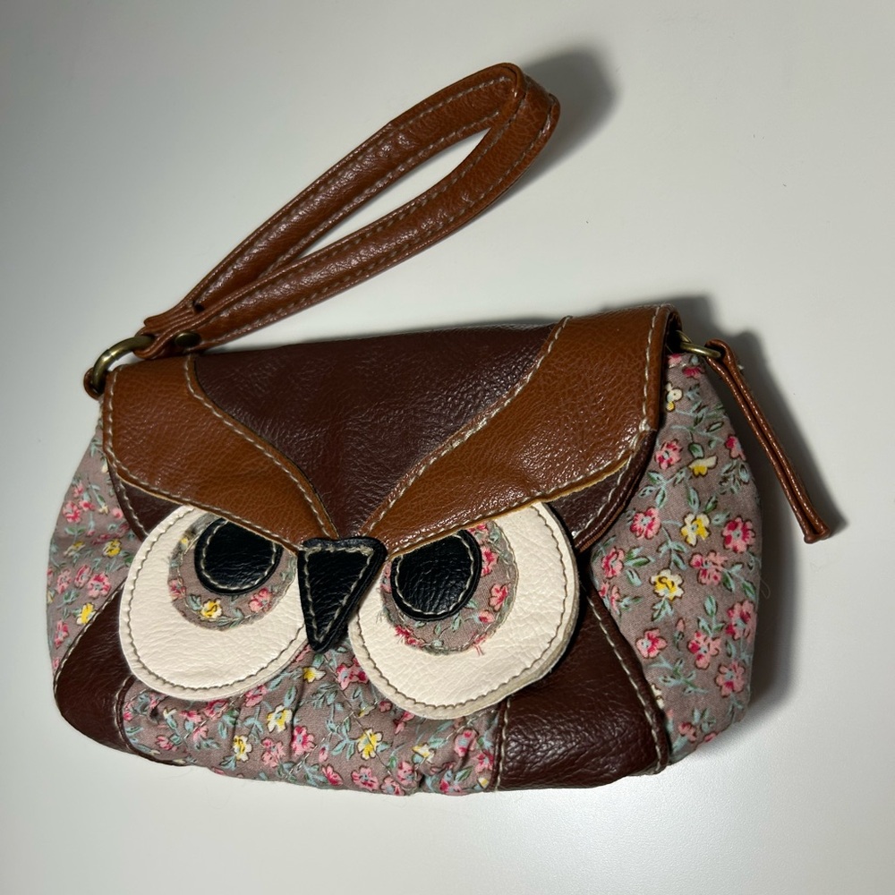 Floral Owl Design Wristlet Patchwork Clutch Zippered